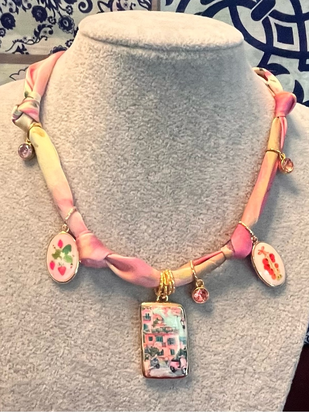 Italian Positano Coastal Themed Silk Scarf Charm Necklace